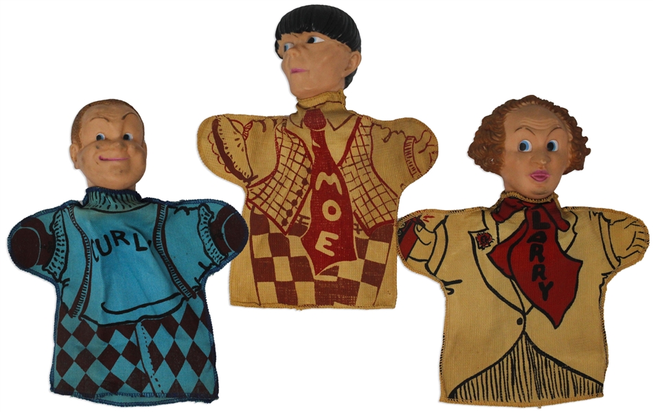 Three Stooges Set of 3 Hand Puppets, Circa 1959, by Ideal Without Packaging -- Each Measures About 9.5'' Tall x 8.5'' Wide -- Light Wear, Else Near Fine